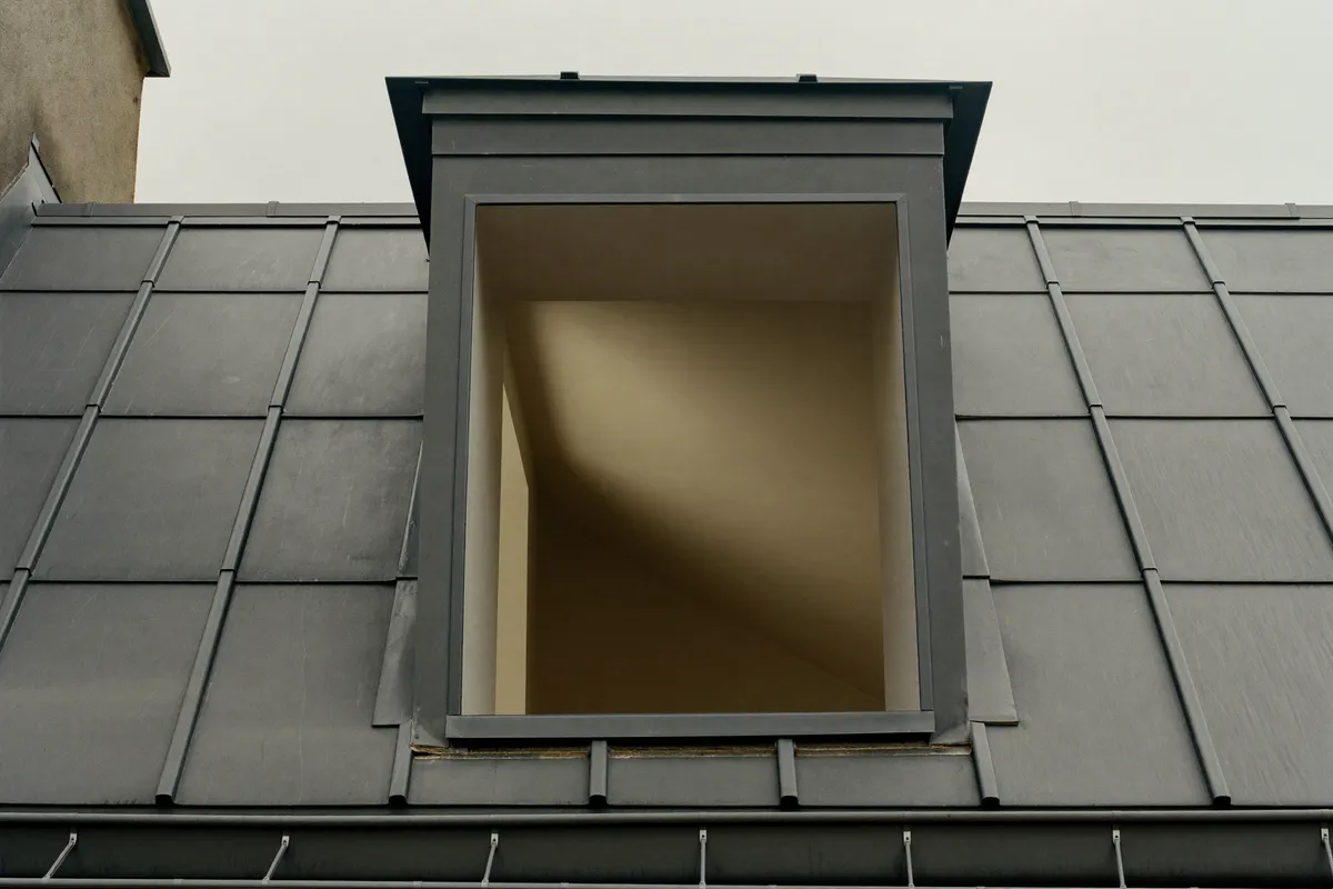 Lucarne mansardée d'un petit logement sous les toits de Paris 11e