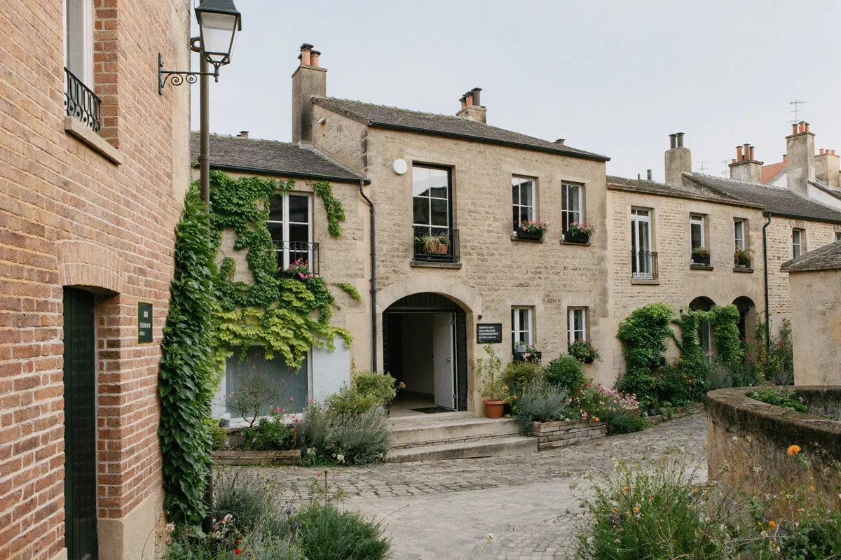 Ruelle pavée bordée de petites maisons basses du quartier de la Mouzaïa dans le 19e à Paris