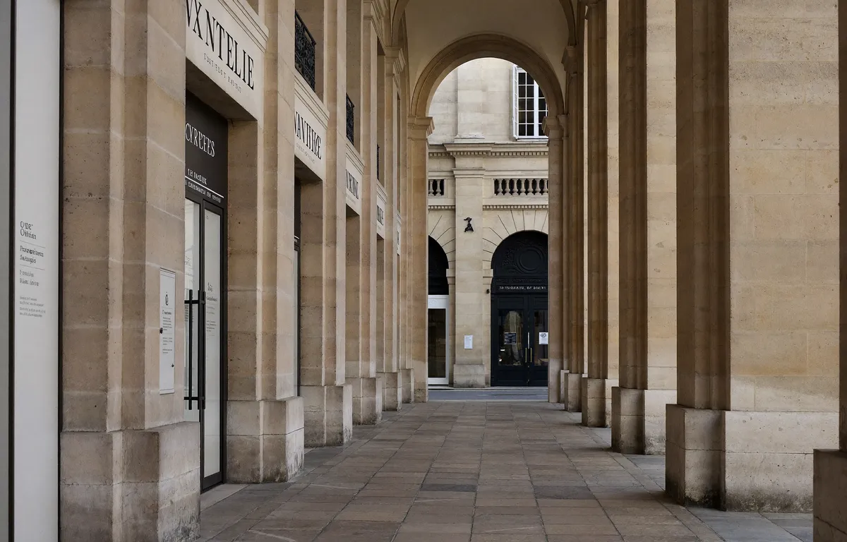 Galerie à colonnes classiques le long d'un jardin à la française, 1er arrondissement de Paris