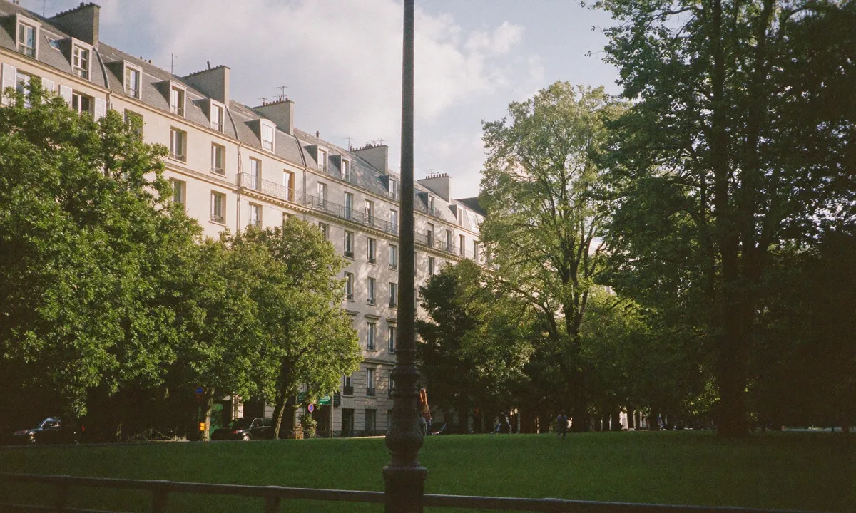 Rue résidentielle bordée d'arbres près d'un parc dans le 20e à Paris