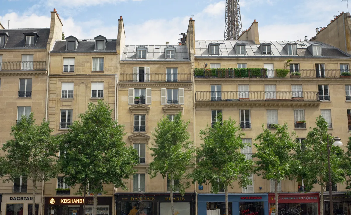 Immeubles anciens du Marais derrière des arbres, 3e arrondissement de Paris