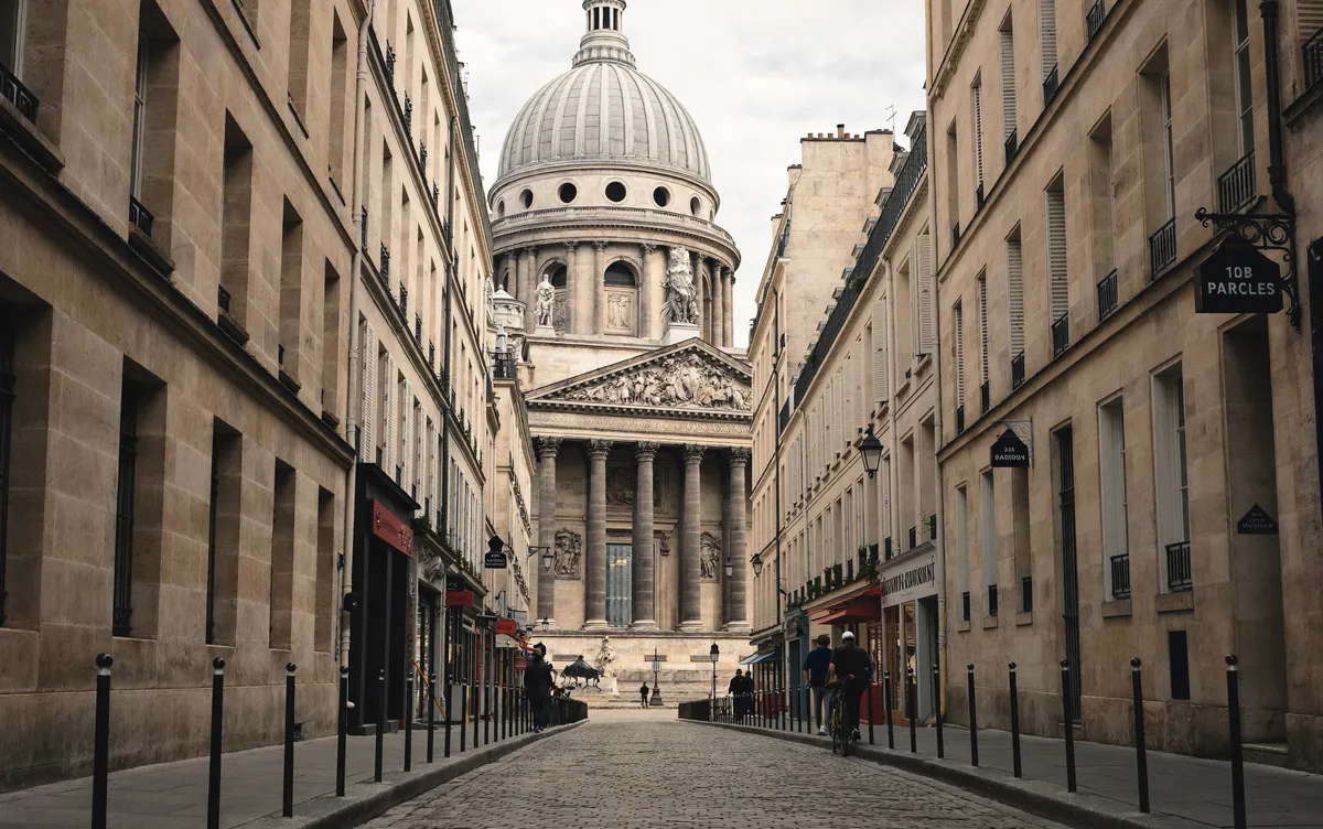 Rue pavée du Quartier latin montant vers le Panthéon, 5e arrondissement de Paris